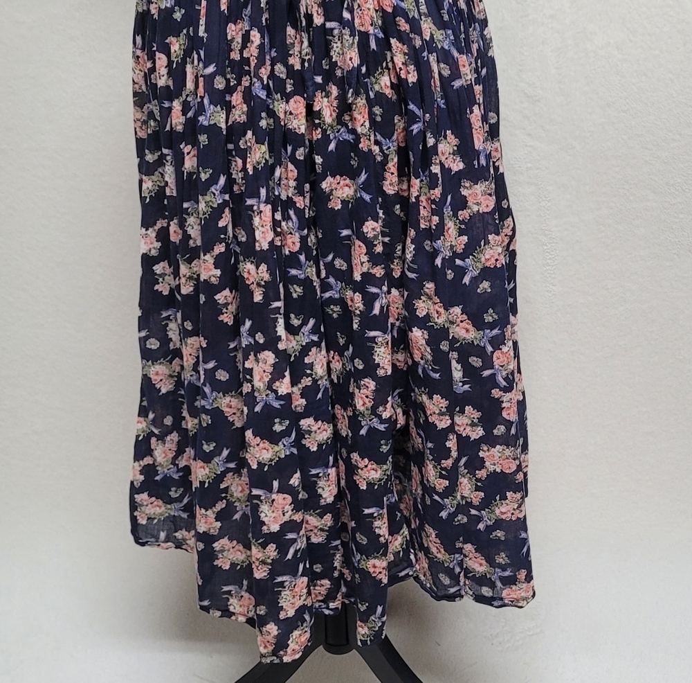 1970s Vintage Sita Blue Pink Floral Scoop Neck Tie-Waist Fit & Flare Midi Dress - Picture 11 of 12